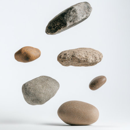 This image features a stunning arrangement of various stones elegantly suspended against a bright white background. Each rock showcases unique textures and colors.の素材