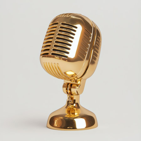 This golden vintage microphone stands elegantly on a white background, perfect for representing music, studio recording, and retro style in your creative projects.の素材