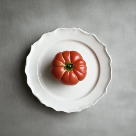 A striking heirloom tomato sits elegantly on a white plate, highlighting its vivid color and unique shape, perfect for any culinary or food-related project.の素材
