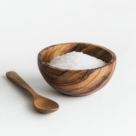 A beautifully crafted wooden bowl filled with coarse white salt accompanied by a wooden spoon, perfect for culinary, cooking, and dining tabletop settings.の素材