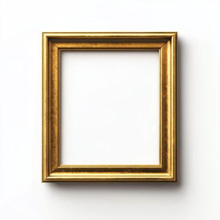 This elegant empty vintage gold frame stands out against a crisp white background, making it a versatile piece ready for any artwork or personalized display needs.の素材