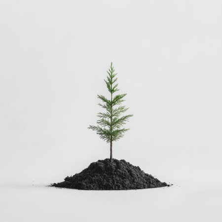 A small green tree seedling rises from dark soil, embodying themes of growth and sustainability in a minimalist setting. Ideal for promoting environmental awareness.の素材