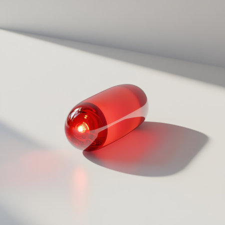 A solitary bright red capsule resting on a smooth white surface creates a striking visual with soft shadows, ideal for illustrating medical and artistic themes.の素材