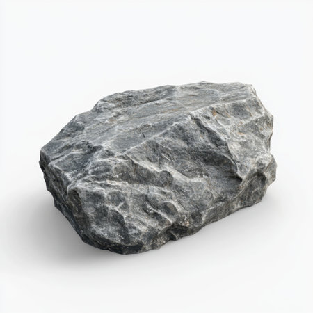 A prominently featured gray rock with a rugged texture, set against a clean white background, suitable for various creative and nature-themed design uses.の素材