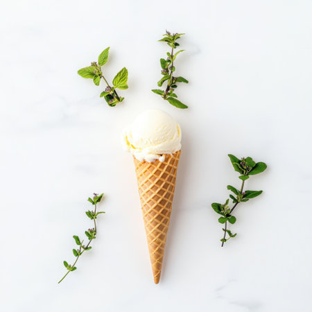 A delightful cone filled with creamy vanilla ice cream, elegantly presented with fresh mint leaves on a marble surface, ideal for summer desserts and culinary inspiration.の素材