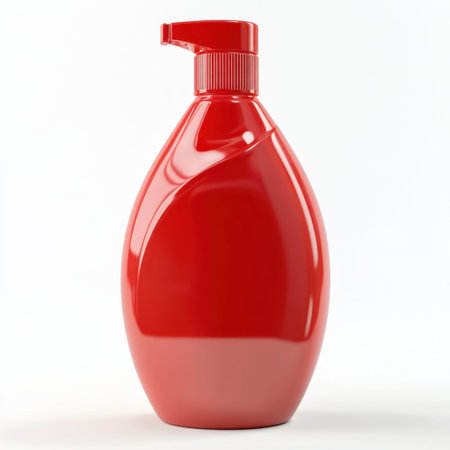 A sleek red liquid soap bottle with a pump top, perfect for personal care or cleaning tasks. Its modern design enhances any bathroom or kitchen setting.の素材