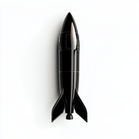 This image features a sleek black rocket model against a clean white background. Perfect for themes of innovation, science, technology, and space exploration.の素材