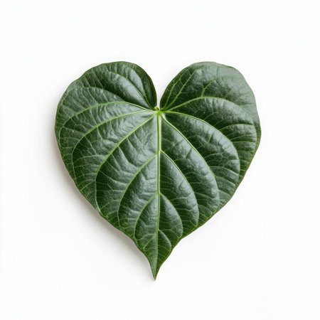 A vibrant heart-shaped green leaf rests on a clean white background, perfect for illustrating themes of love, nature, and ecological beauty in creative projects.の素材