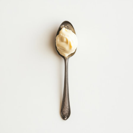 A silver spoon holds a dollop of creamy mayonnaise against a neutral backdrop. Ideal for culinary uses, cookbooks, and food styling inspiration in photography.の素材