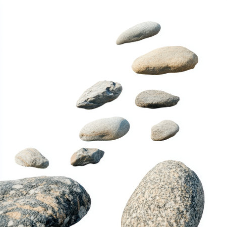 A collection of smooth river stones with various shapes and sizes, ideal for representing nature's beauty, tranquility, and harmony in serene or decorative themes.の素材