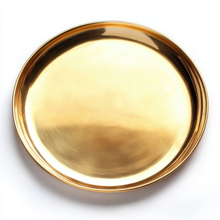 A stunning golden plate featuring a smooth and shiny surface, ideal for enhancing table settings or serving food at special events, adding a touch of elegance.の素材