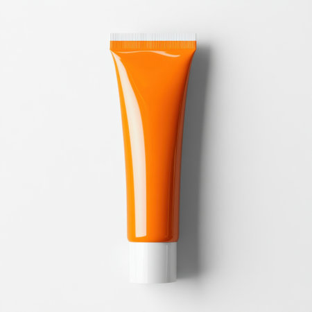 A vibrant orange cosmetic tube positioned against a white background, ideal for showcasing beauty products, skincare lines, or makeup branding in a stylish manner.の素材