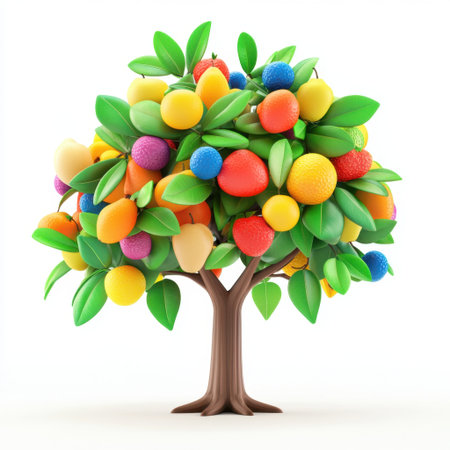 A whimsical and vibrant fruit tree showcasing a variety of colorful fruits on a bright white background, perfect for illustrating nature and healthy living concepts.の素材
