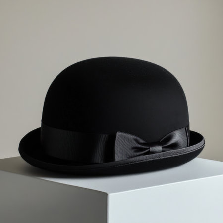 A classic black bowler hat is elegantly showcased against a minimalist background, capturing timeless fashion and sophistication with striking light and shadow effects.の素材