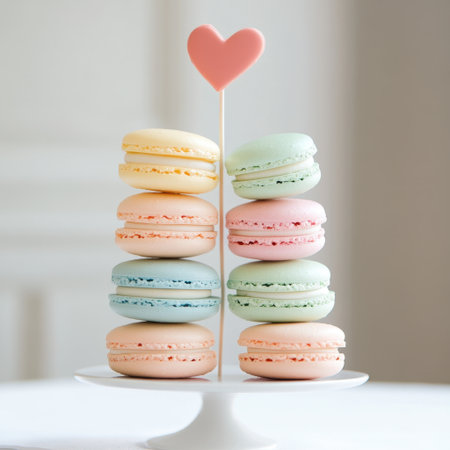 A delightful stack of colorful macarons arranged on a cake stand, topped with a heart decoration, perfect for celebrations, desserts, or special moments.の素材
