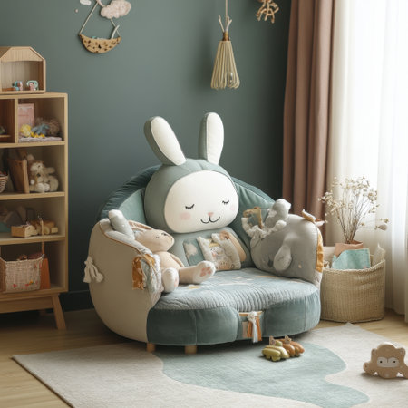 A delightful children's room featuring rabbit-themed decor, plush seating, and colorful toys under warm natural light, creating a cheerful and cozy atmosphere.の素材