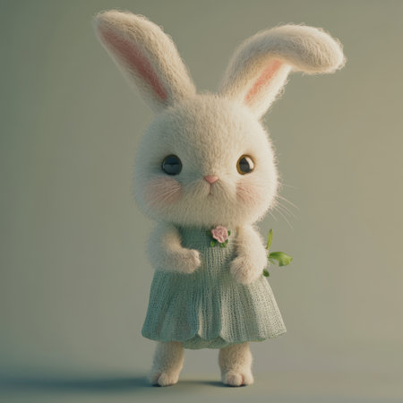This charming bunny features a fluffy texture, beautiful dress, and a sweet smile, making it perfect for children's projects, spring-themed events, and whimsical art.の素材