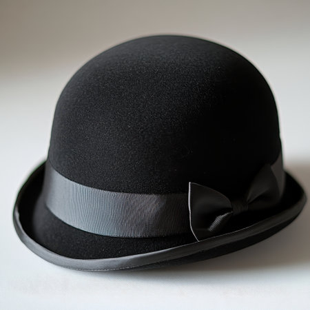 A classic black bowler hat with a satin ribbon, perfect for enhancing vintage-inspired fashion looks or serving as a stylish accessory for formal occasions.の素材