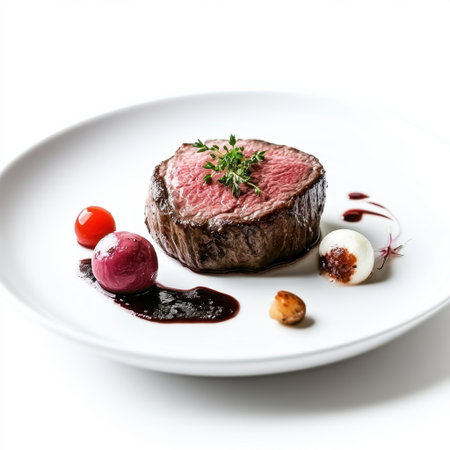 A perfectly cooked beef steak adorned with fresh herbs, set on a pristine white plate, showcasing vibrant accompaniments for an elegant dining experience.の素材