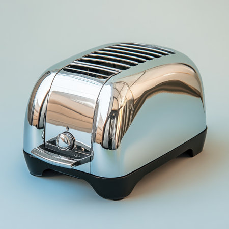 This vintage chrome toaster features a sleek and shiny design, perfect for preparing toast in any modern kitchen, combining style and functionality seamlessly.の素材
