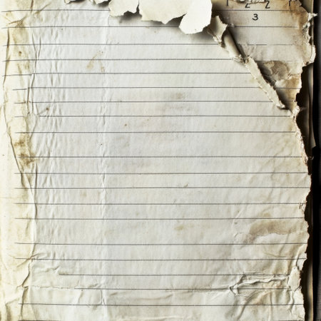 An old paper page features torn edges and faint lines, perfect for creative projects, journaling, or crafting. The vintage texture adds character and charm.の素材