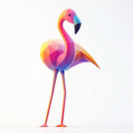 This vibrant geometric flamingo sculpture features a playful design, showcasing bold colors and sleek lines. Ideal for modern decor or artistic projects.の素材
