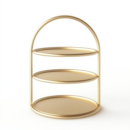 This elegant three-tiered serving stand features a sleek gold finish, perfect for showcasing desserts, appetizers, or decorative items in any modern setting.の素材