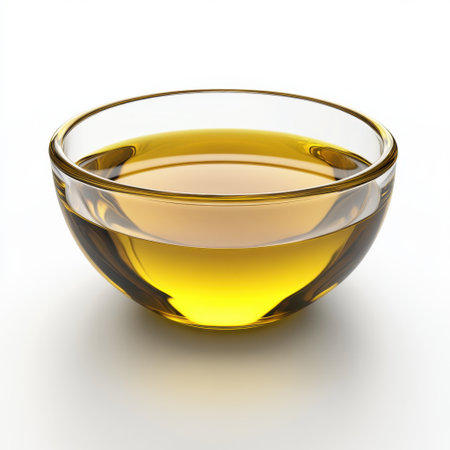 A clear glass bowl containing golden liquid oil sits on a white background, perfect for depicting freshness, health, and culinary inspiration in food photography.の素材