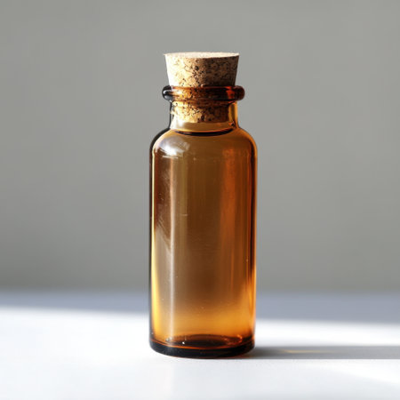 A simple amber glass bottle with a cork stopper sits elegantly on a light surface, perfect for a variety of uses, from decor to storage. Great for showcasing products.の素材