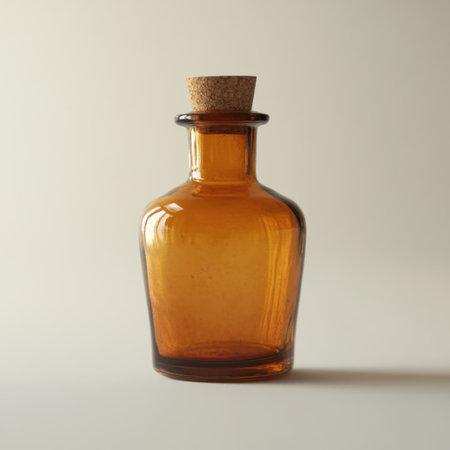 Simple yet elegant amber glass bottle with a cork stopper. Ideal for essential oils or home decor, this piece adds a touch of vintage charm to any setting.の素材