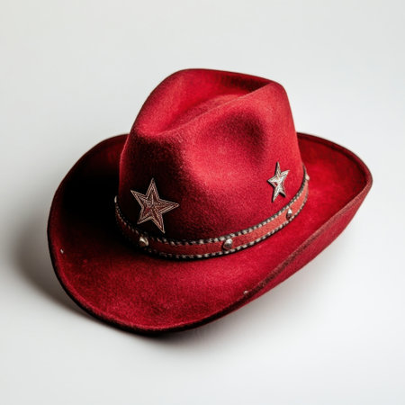 This striking red cowboy hat features decorative stars and beaded trim, ideal for adding a western touch to costumes, events, or creative photography projects.の素材
