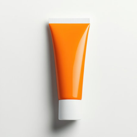 This image showcases a bright orange tube container designed for creams or lotions placed against a light background, perfect for product photography and marketing.の素材