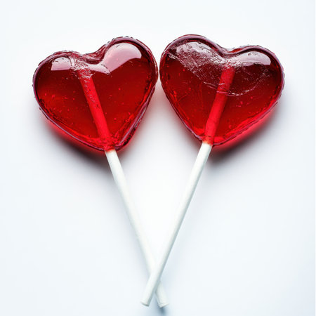A vibrant image of two red heart-shaped lollipops, perfect for celebrating love and sweetness during special occasions such as Valentine's Day.の素材