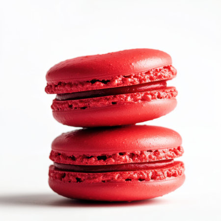 Delight in this stunning image featuring vibrant red macarons stacked elegantly against a clean white backdrop, perfect for food lovers and culinary inspiration.の素材