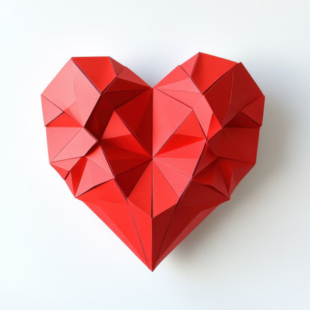 This stunning geometric red heart sculpture features intricate facets and angles, perfect for enhancing any artistic display, craft project, or home decor.の素材