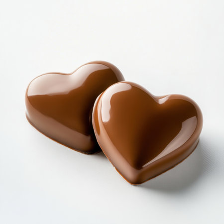 Two glossy milk chocolate hearts sit elegantly on a soft background, symbolizing love and affection. Ideal for gifts or sweet moments with loved ones.の素材