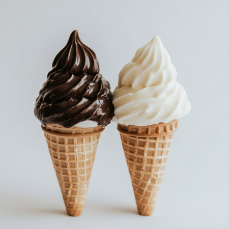This image features two mouthwatering ice cream cones, one with rich chocolate and the other with creamy vanilla, perfect for summer refreshment or dessert indulgence.の素材