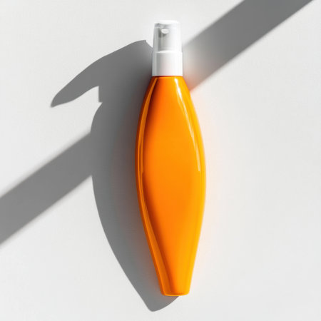 A sleek orange spray bottle rests against a white surface, casting soft shadows that enhance its modern shape and vibrant color, perfect for beauty product presentation.の素材
