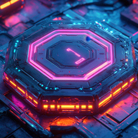 A captivating futuristic hexagonal structure illuminated by neon lights, showcasing a glossy finish set in a vibrant sci-fi environment, ideal for creative projects.の素材
