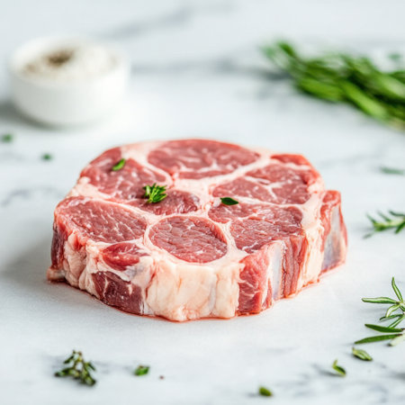 A visually appealing raw meat cut featuring marbling, placed on a white marble surface with herbs and a sprinkle of seasoning, ideal for culinary creations.の素材