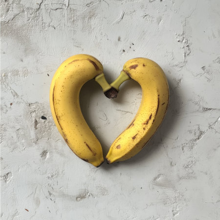Two ripe bananas arranged in a heart shape create a playful and vibrant symbol of love and affection, perfect for food concepts and romantic themes.の素材