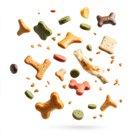 This vibrant image showcases an array of dog treats falling in midair, perfect for engaging pet lovers and showcasing fun and nutritious options for pets.の素材