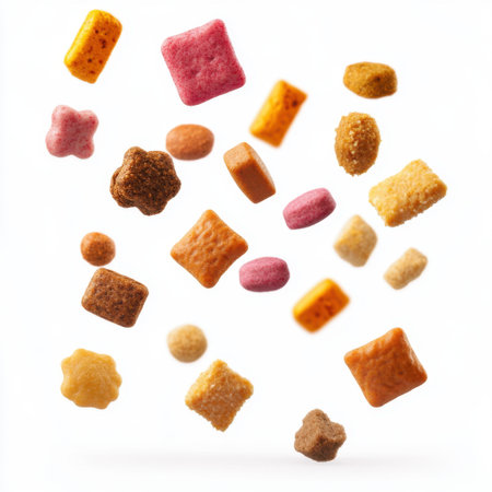 A lively assortment of colorful snack shapes gracefully floating against a bright white background, perfect for conveying playful enjoyment in food and treat marketing.の素材