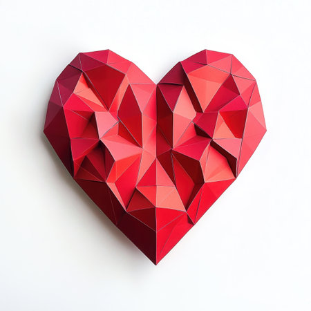 A vibrant red geometric heart made from paper, showcasing a stunning fusion of shapes and angles that embodies love and creativity, perfect for art lovers.の素材