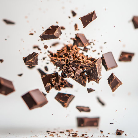A captivating image of dark chocolate pieces flying through the air, illustrating the dynamic and delectable nature of melting chocolate perfect for culinary projects.の素材