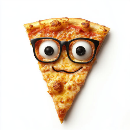 A whimsical cartoon slice of pizza features oversized glasses and a big smile, bringing a fun and humorous vibe to any food-related project or marketing campaign.の素材