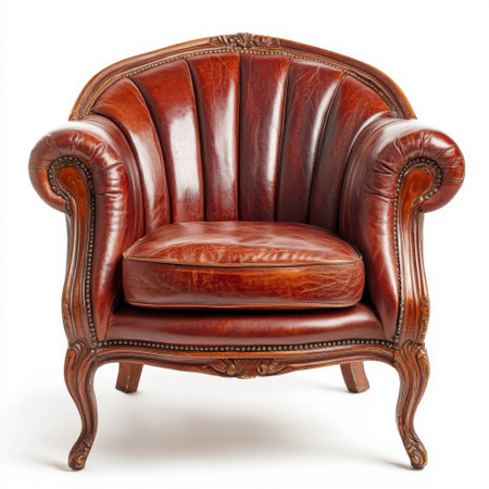 This vintage brown leather armchair features a tufted back and ornate wooden legs, blending classic design with comfort, perfect for stylish interiors.の素材