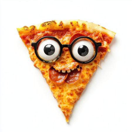A delightful cartoonish pizza slice featuring big expressive eyes and glasses, perfect for kid-friendly themes, playful designs, and fun culinary visuals.の素材