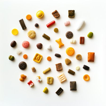 A vibrant assortment of candy and sweet treats artfully arranged on a white background, perfect for food photography and candy marketing applications.の素材