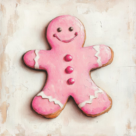 Delightful pink gingerbread character with a smiling face, decorated with frosting. Perfect for capturing the festive spirit during holiday celebrations.の素材
